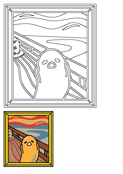 Gudetama in a parody of The Scream. A cartoon character looks at himself reflected in the famous painting. Sanrio's lazy egg reimagined.