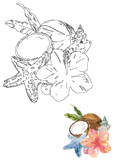 Watercolor illustration of a tropical beach theme with coconut, hibiscus, starfish, and seashell. Perfect for summer vibes and vacation memories.