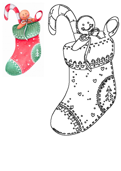 Festive Christmas stocking with gingerbread man and candy cane, presented as a vibrant watercolor illustration and outline sketch.