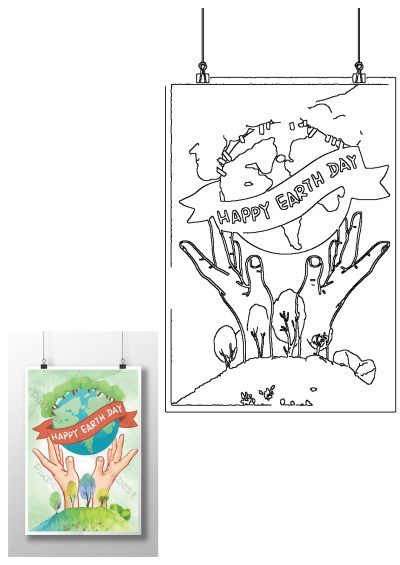 Happy Earth Day poster featuring hands holding the Earth, adorned with trees and an orange ribbon that says Happy Earth Day. Illustration style.