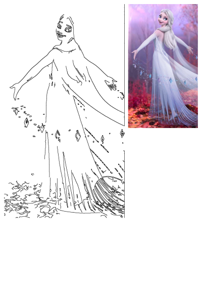 Frozen princess Elsa with long white hair and blue eyes, smiling and standing in the woods surrounded by leaves, wearing a white dress.