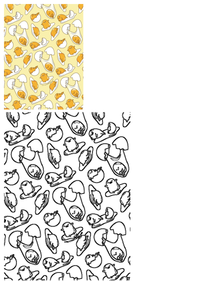 An orange and white pattern featuring Gudetama, the lazy egg, with many different shapes including its head. 