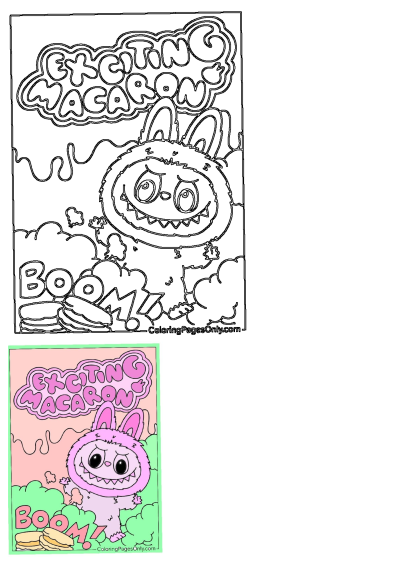 A cute cartoon coloring page of a monster with bunny ears and 'Exciting Macaron' text. 'Boo' text is near macarons. 