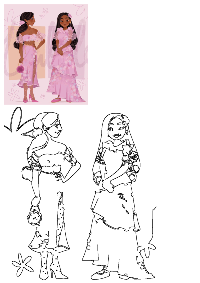 Two women in pink dresses adorned with flowers stand together. One holds a flower purse.  Alt: two women in pink dresses with flowers.