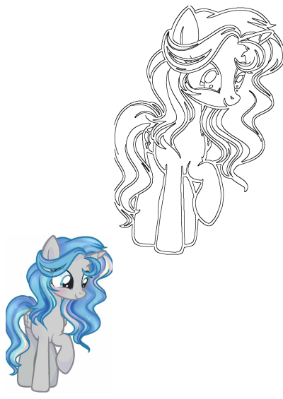 A cartoon pony with flowing blue hair that appears to be sitting on top of its head. The pony has large, expressive eyes and a light gray coat.