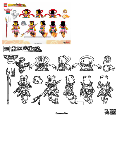 LEGO Monkie Kid character sheet shown in various poses. Depicts a character with a red headband and a staff, showcasing different angles.