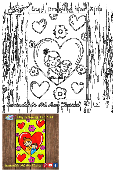 Easy drawing for kids with hearts and flowers on a wooden background. This simple art is available for anyone to try.