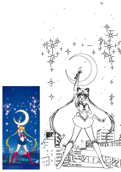 Anime illustration of Sailor Moon holding her magical staff under a crescent moon, set against a starry night skyline background.