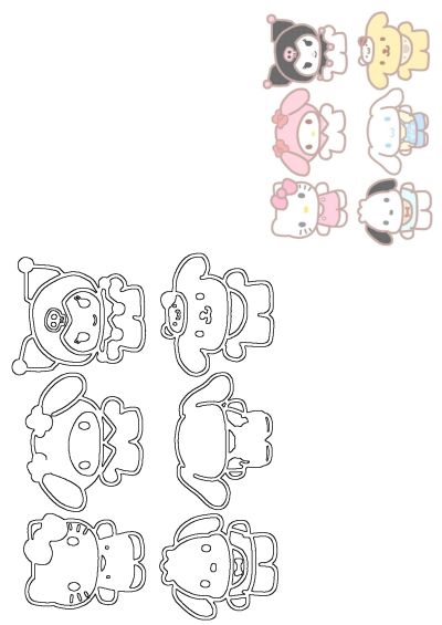 Hello Kitty and friends stickers are on the wall, featuring Kuromi, Pomponpurin, My Melody, Cinnamoroll, and Pochacco in a cute cartoon style.