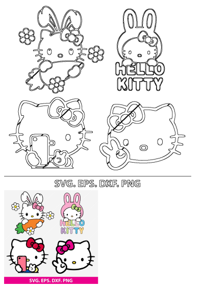 Downloadable Hello Kitty SVG, EPS, DXF, and PNG files for cutting and design projects. Features bunny, carrot, and peace sign designs.