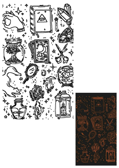 an orange line drawing of various items on a black background
