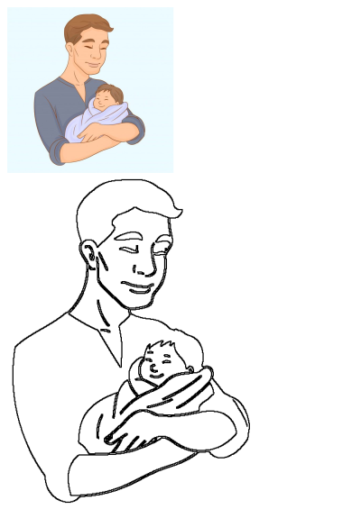 Illustration of a man holding a baby lovingly in his arms. The child is wrapped in a blanket, resting peacefully in the father's embrace.