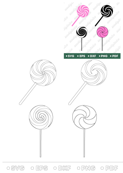 Downloadable lollipops SVG file. Includes three candy designs in SVG, EPS, DXF, PNG, and PDF formats. Perfect for crafting & design projects.