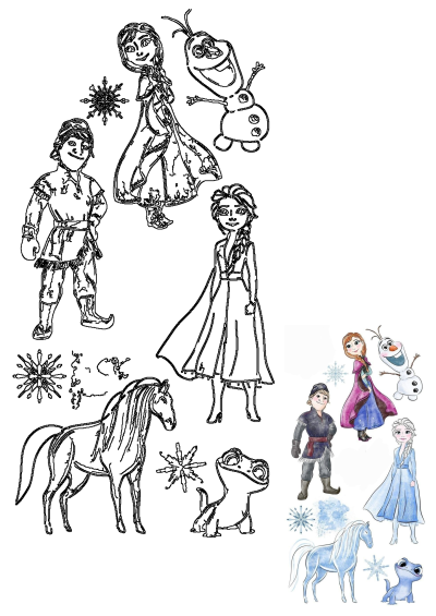 Frozen 2 characters illustration featuring Anna, Elsa, Kristoff, Olaf, Bruni the lizard, and the Nokk, the water spirit horse.