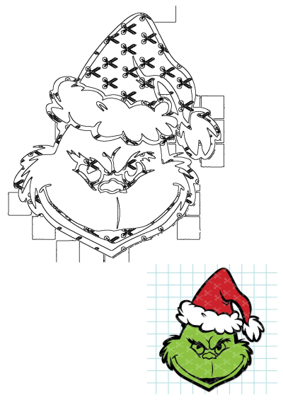 Grinch face with a Santa hat, drawn on graph paper. Cartoon Grinch head with a holiday hat on a grid background.