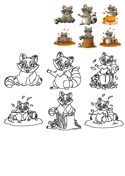 Adorable royalty illustration of cute raccoons in different poses. Features raccoons sitting on logs, a pumpkin, and a tree stump.