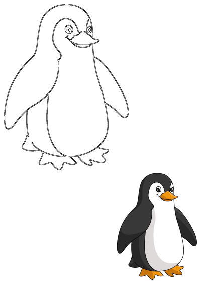 A cheerful cartoon penguin with bright orange beak and feet. A simple, friendly illustration of a penguin, perfect for various projects.