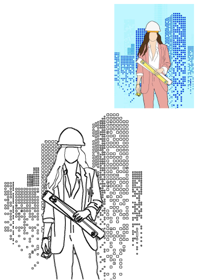 Illustration of a woman engineer in a pink suit with a level and hard hat, set against a background of abstract city buildings. 