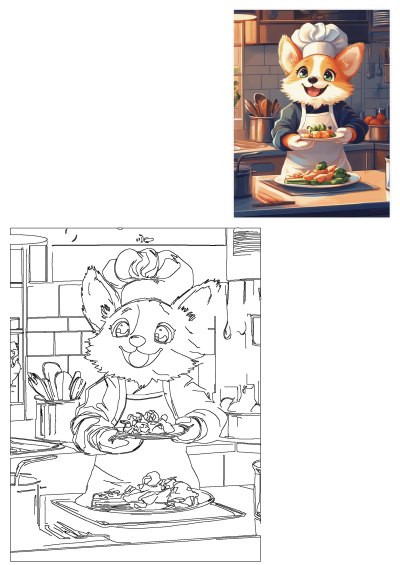 A charming painting of a corgi chef happily holding a plate of delicious food in the kitchen, ready to serve! Perfect for foodies and dog lovers.