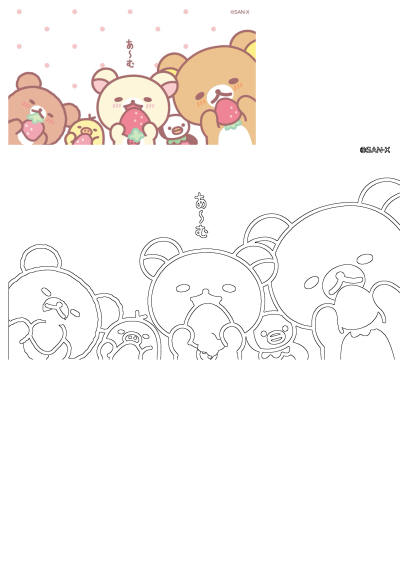 Rilakkuma and friends, Korilakkuma and Kiiroitori, joyfully eating strawberries. A sweet and cute San-X image with everyone enjoying berries.
