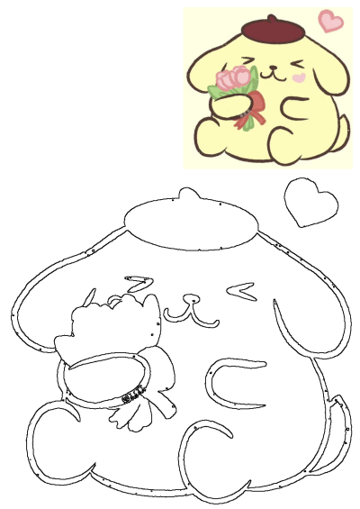 A cute, cartoon drawing of Pompompurin, the Sanrio dog character, wearing a beret and holding a bouquet of flowers. 