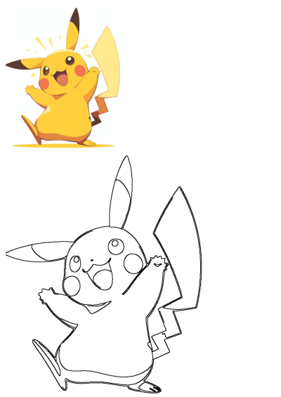 Cheerful cartoon Pikachu sitting on the ground with his hands up in the air. This adorable image captures Pikachu's playful energy.