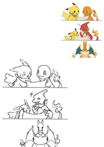 A cute comic strip showing Pikachu and Charmander evolving together while looking at a map, wearing green kerchiefs.