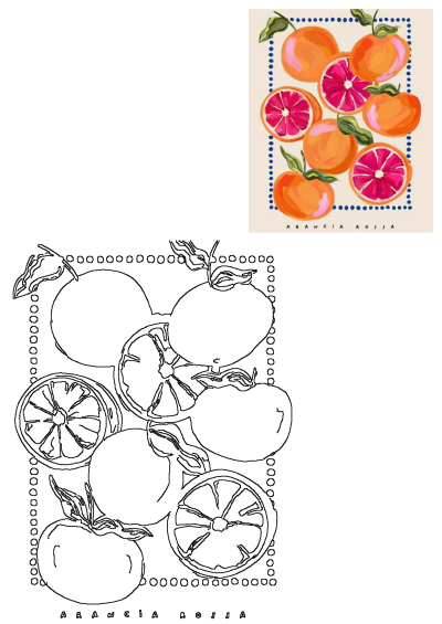 A vibrant painting of oranges and grapefruits on a white background. Features colorful and fresh fruit art, Arancia Rossa style, perfect for a modern touch.