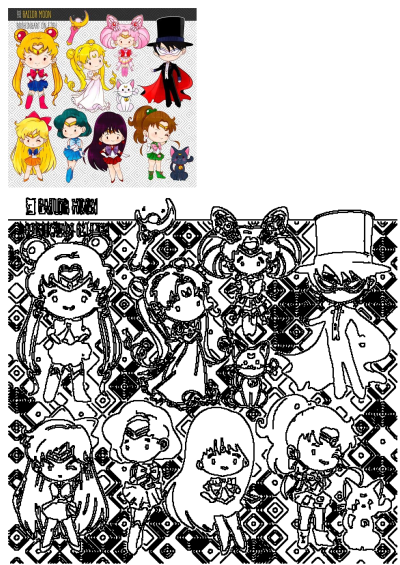Sailor Moon and other cartoon characters in a cute art style, featuring Sailor Moon, Tuxedo Mask, and more beloved characters, as shown in the image.