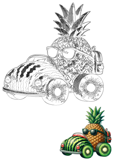 A whimsical car with a pineapple driver sporting sunglasses and a watermelon body, kiwi wheels. A fun, fruity ride!