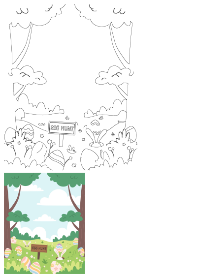 Colorful Easter egg hunt sign in a green field surrounded by trees and decorated eggs, creating a festive spring scene. 