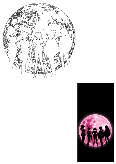 Silhouette of Sailor Moon and the Sailor Scouts standing against a pink full moon. Dark and stylish image. 