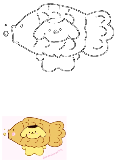 A cute drawing of Pompompurin nestled inside a Taiyaki, a Japanese fish-shaped cake. Pompompurin looks cozy and adorable in the sweet treat.