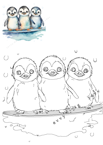 Watercolor art featuring three little penguins sitting on top of a striped surfboard. Cute and playful illustration for kids and adults. 