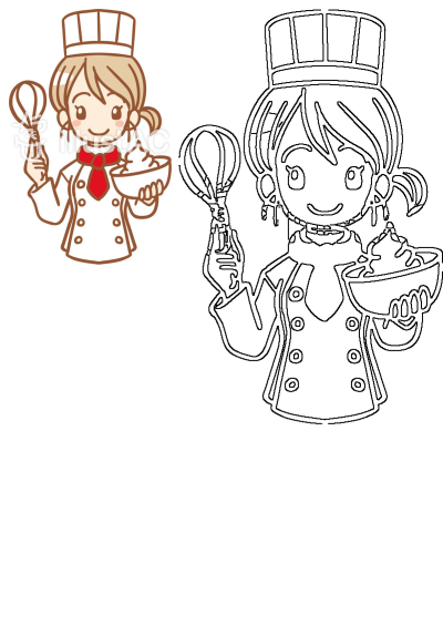 Cartoon style drawing of a female chef with a whisk in one hand and a bowl of whipped cream in the other, wearing a chef's hat.