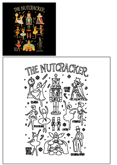 The Nutcracker ballet characters artwork showcasing Clara, Nutcracker, Mouse King, Sugar Plum Fairy, and more in vibrant detail and outline form.