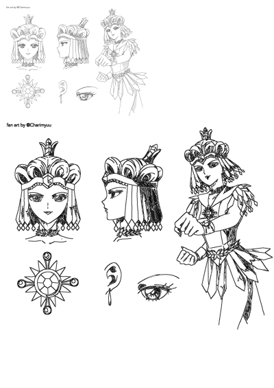 Drawings of a princess with crown, dress and necklace, including front and side face, eye,ear, and accessories; fan art by @Charimyuu