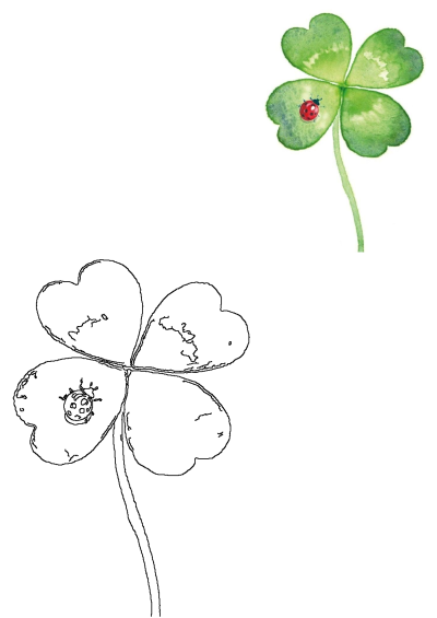 A four-leaf clover with a ladybug perched on one of its heart-shaped leaves. Symbol of luck and good fortune.