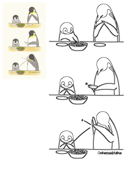 A comic showing two penguins at a table, with one penguin enjoying edamame while the other hilariously struggles. Funny illustration of penguin food antics.