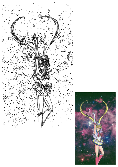 The sailor girl is flying through the space. Anime image of Sailor Moon with arms raised against a backdrop of stars and nebula. 