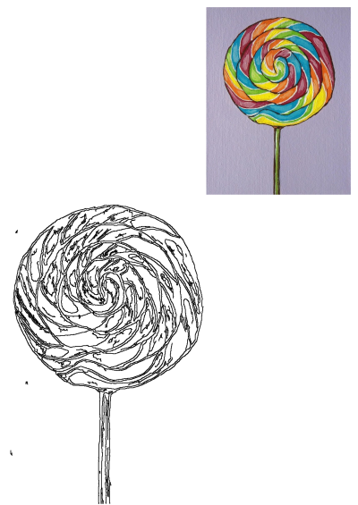 A vibrant painting of a colorful lollipop with a swirl pattern, set against a soft purple background, evoking a sense of sweetness and fun.