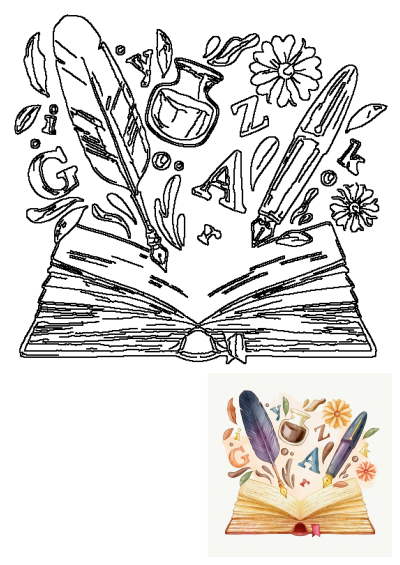 Illustration of an open book with writing and various items, including a feather pen, ink, and flowers, arranged in a flower shape.