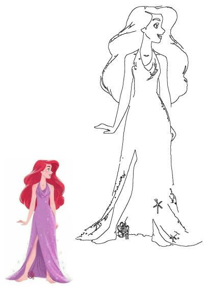 Ariel from The Little Mermaid, depicted with long flowing red hair and a shimmering purple dress, set against a clean white background.