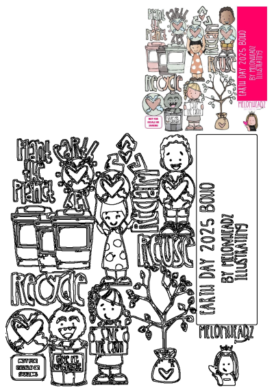 Illustration for Earth Day 2025 Boho by Melonheadz, features characters and signs promoting recycling, reuse, and reduction.  A couple of people standing next to each other in front of a tree and some signs