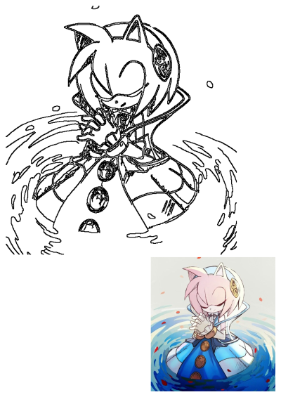 Amy Rose fan art. Anime character is sitting in the water with his hands on his chest and eyes closed. Pink anime character.
