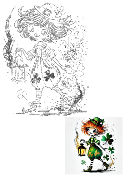 Illustration of a girl dressed in green for St. Patrick's Day, holding a lantern surrounded by four leaf clovers. Lucky and festive drawing.