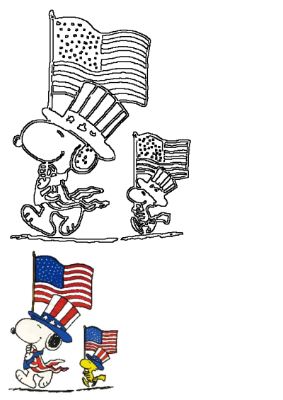 Image features Snoopy and Woodstock celebrating with American flags. Snoopy wearing an Uncle Sam hat and a patriotic scarf. A fun, festive scene!