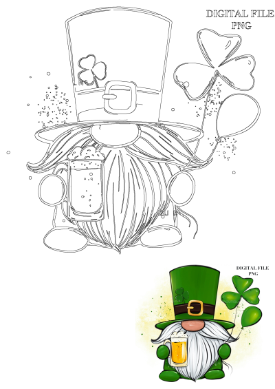 A St. Patrick's Day leprechaun illustration featuring a beer mug, shamrocks, and a festive green hat and balloon, perfect for the holiday.