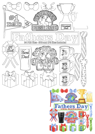 Father's Day clipart collection includes a trophy, beer mug, neck ties, and presents with the words "World's Greatest Dad" and "#1 Dad".