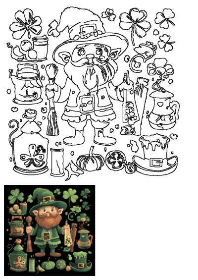 An illustration of a happy leprechaun character in green, surrounded by lucky shamrocks and other St. Patrick's Day themed elements.